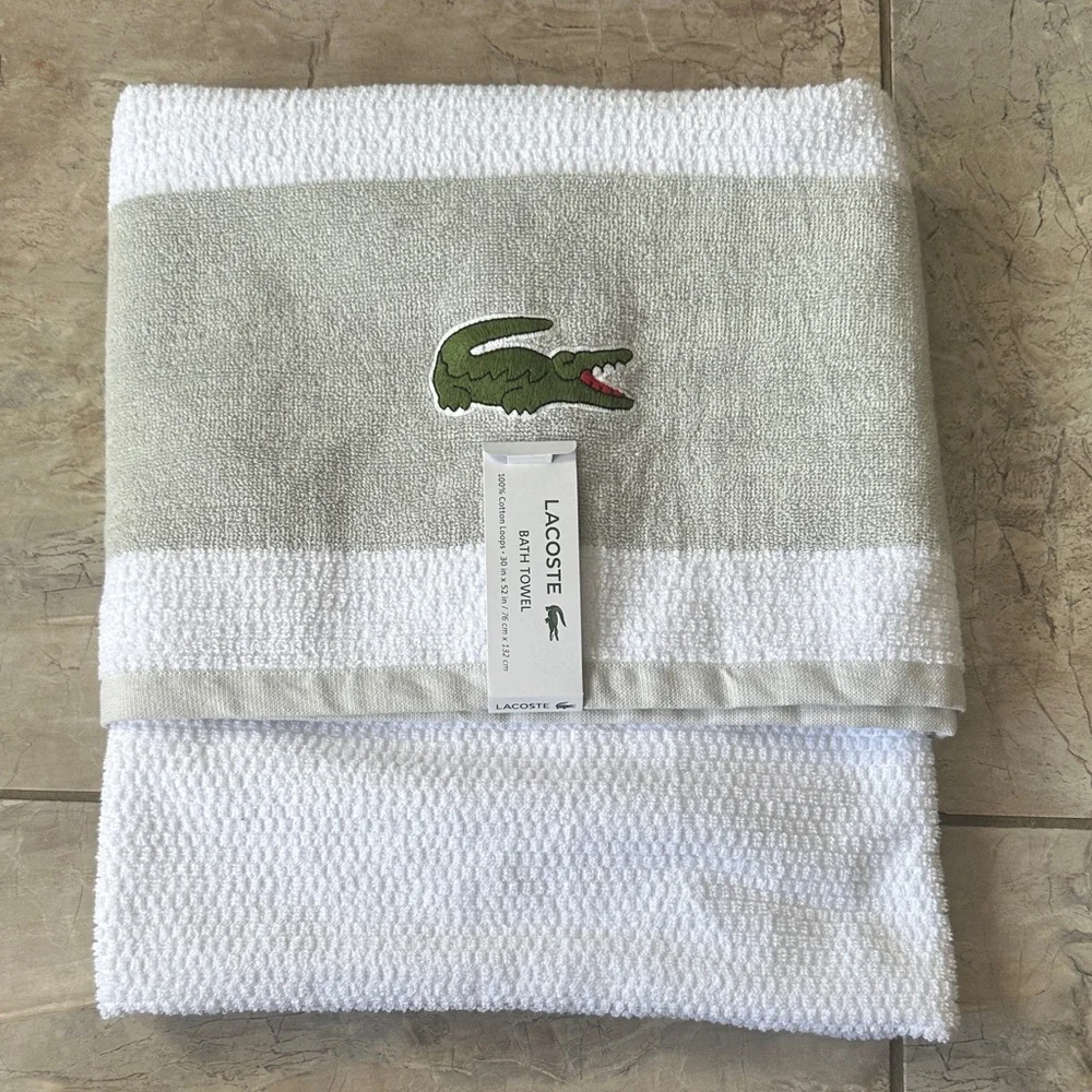 Lacoste White and Light Gray Towel with Green Logo